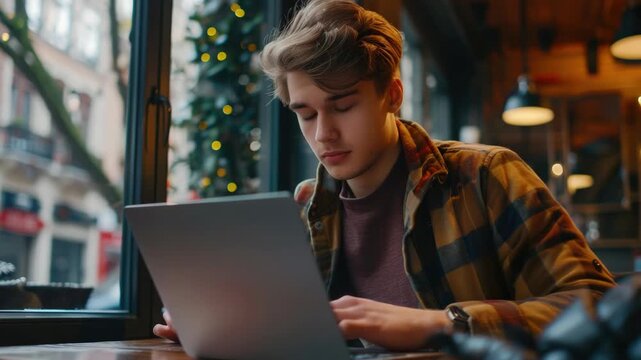 A young adult male sitting at a table indoors using his laptop computer.