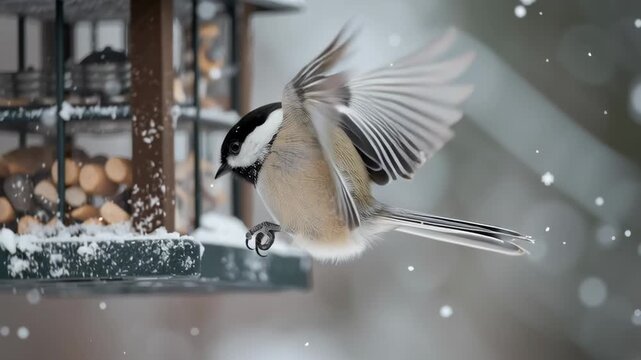 Small chickadee hovering near a bird feeder in falling snow with soft winter light creating a calm delicate wildlife moment in a cold seasonal garden setting