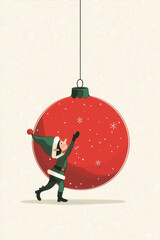 Stylized full length Christmas elf pushing exaggerated oversized red holiday ornament. Concept of festive preparation, seasonal decoration, and Christmas marketing