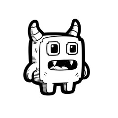 A cartoon monster with horns and sharp teeth.