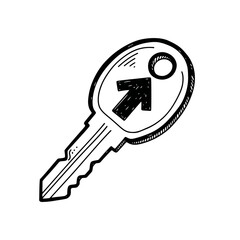 Black and white illustration of a key with an arrow on its head.