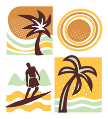 Illustration of elements related to the coast, summer, and surfing. Graphic style artwork.