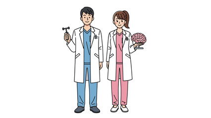 Medical professionals standing together holding medical equipment and a brain model