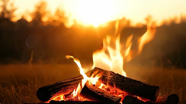 The glowing campfire emits warm light as logs crackle and burn, creating an inviting atmosphere. This campfire setting captures the essence of outdoor gatherings and shared stories.