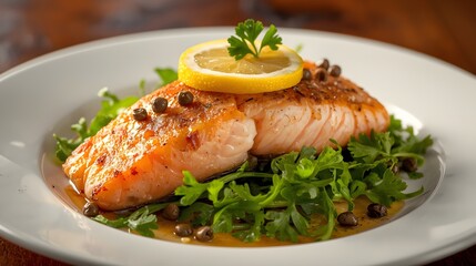 Pan seared salmon fillet sits atop fresh arugula with a bright lemon garnish and savory capers, presented elegantly on a white plate, ready to be enjoyed.
