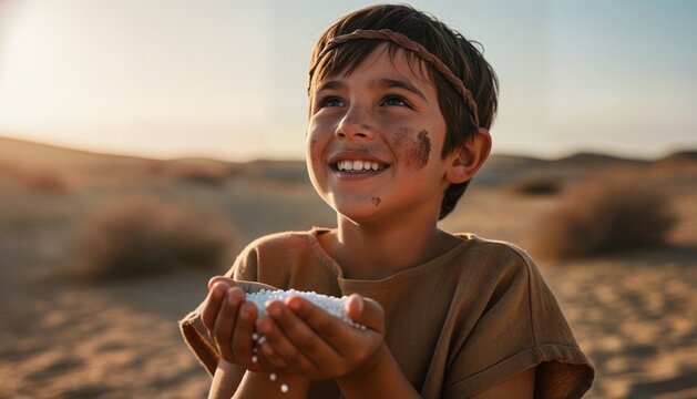 Bronze Age Child Holding Manna in Desert Sunlight Portrait