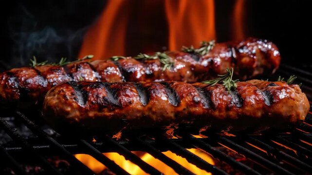 Gourmet sausages sizzling on a grill, with an emphasis on the cooking process and the appetizing charred texture.