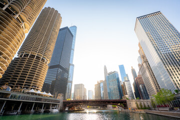 Downtown Chicago skyline with Chicago River 