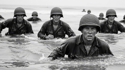 Dramatic D-Day style photography showing the intensity of war and amphibious assault.