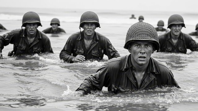 Dramatic D-Day style photography showing the intensity of war and amphibious assault.