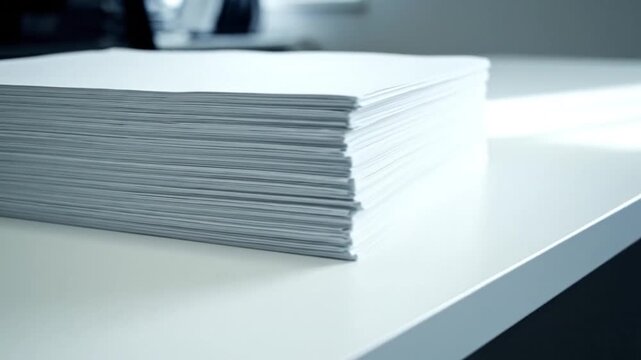 Stack of white papers on a white table in a bright room.