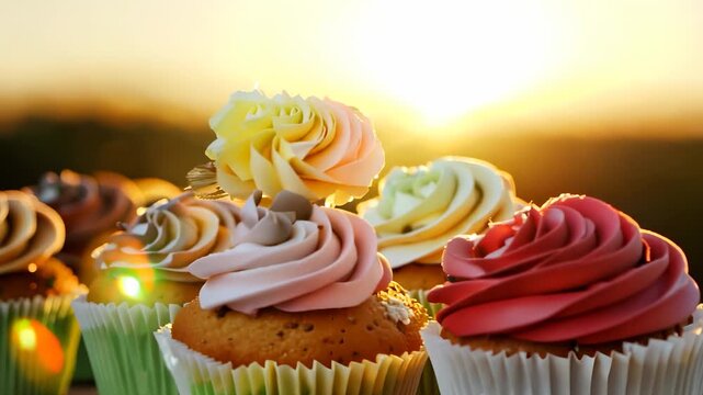 Colorful cupcakes are beautifully arranged, showcasing various frosting styles as the sun sets in the background. The warm golden light enhances the appeal of these delightful cupcakes.