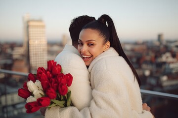 Happy young woman embracing partner while holding a bouquet of tulips on an urban rooftop setting