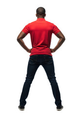 Naklejka premium young african american man in saturated red polo and dark jeans, standing firm akimbo pose rear view, sharp rim light on high-key white studio background. concept for commercial confidence and command
