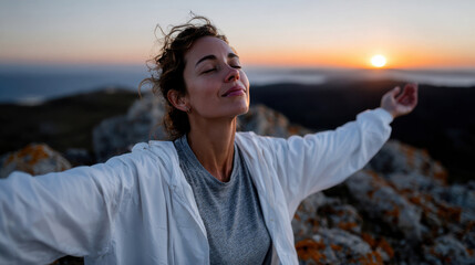 A peaceful woman stands on a rocky mountain top, arms outstretched, basking in the warm sunrise. Her serene expression reflects a deep sense of connection with nature and tranquility.