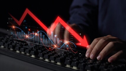 Economic caution visualized with fluctuating market graph, alert symbols, and negative data trends....