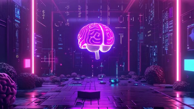 3D rendering of a computer generated scene featuring a lab filled with brain-like objects, neon lights, techy elements, and digital displays. Ideal for science fiction themes or neuroscience.
