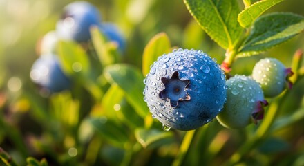 a close up of a bunch of blueberries with water droplets