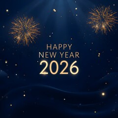 Elegant Happy New Year 2026 Celebration with Golden Fireworks on Dark Blue Background. 