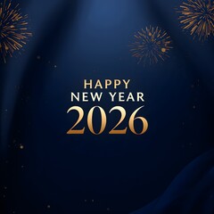Elegant Happy New Year 2026 Celebration with Golden Fireworks on Dark Blue Background. 