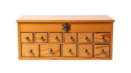Vintage wooden apothecary cabinet with drawers isolated on transparent background