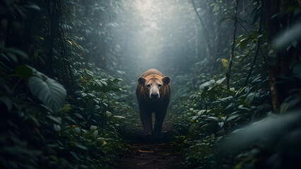 Sun bear in dense tropical forest, wildlife, nature, environment, conservation, animal behavior, habitats, rainforest, walking, path, trees, foliage, wilderness.