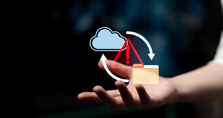 This image illustrates a hand gesture symbolizing cloud data transfer, featuring icons for upload and download actions, emphasizing digital storage management in technology. Gantry