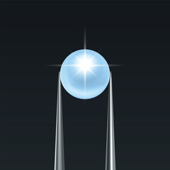 Vector Jewelry Tweezers Holding Blue Pearl on Black Background. Luxury Pearl Jewelry Banner, Elegant Pear Template for Jewelry Store, Fashion Accessory, Gemstone Design, Precious Stone Decoration