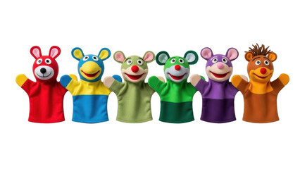 Colorful hand puppets in various colors and designs isolated on transparent background