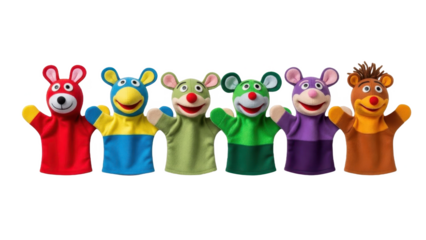 Colorful hand puppets in various colors and designs isolated on transparent background