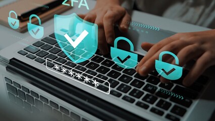Secure Online Authentication Process with Two Factor Verification and Password Protection on Laptop Keyboard for Cybersecurity Concept Gluon.