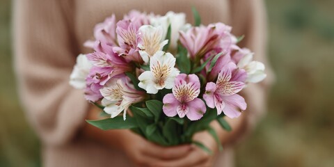 Woman is holding a bouquet of flowers