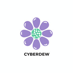 Obraz premium A creative tech logo featuring a purple flower with dewdrop petals and a green circuit board core, symbolizing organic digital growth and innovation