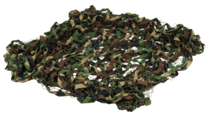 Camouflage netting with green brown and tan colors isolated on transparent background