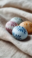 Four painted eggs with leaves on them are sitting on a white cloth