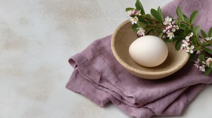 White egg is sitting on a purple cloth