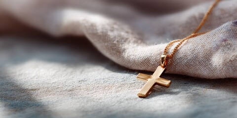 Gold cross necklace is laying on a white cloth