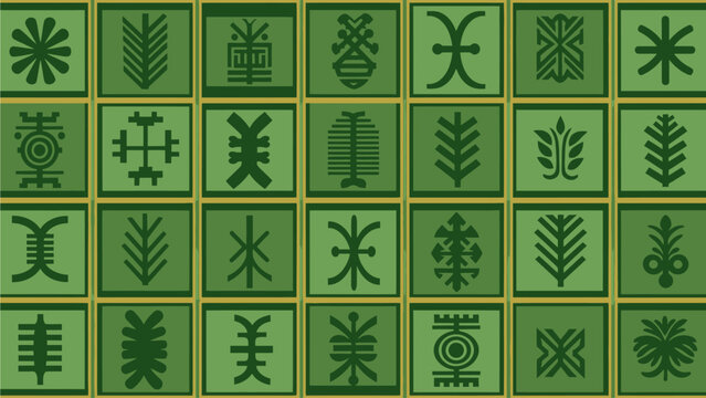 Green and Gold Adinkra Symbols Grid Pattern Vector Background