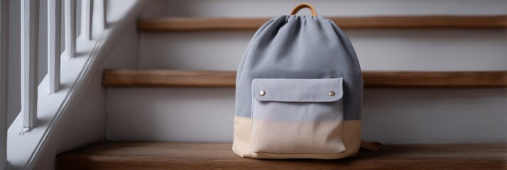 Backpack with a blue, white and tan design sits on a wooden staircase