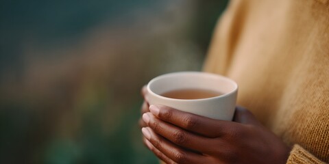 Person holding a white cup of tea
