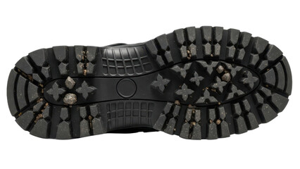 Black hiking boot sole with deep treads and rugged texture isolated on transparent background
