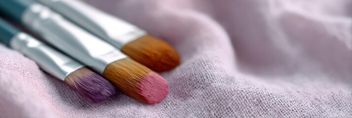Three makeup brushes are on a pink cloth