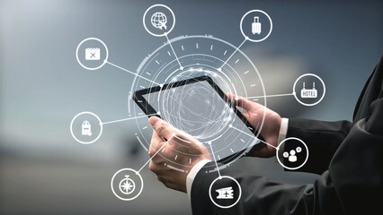Fototapeta premium The concept of digital travel planning simplifies modern journeys. Using an online app for travel planning ensures a seamless experience from booking flights to finding hotels. Gist