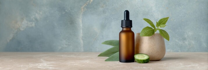 Bottle of essential oil is on a table next to a plant
