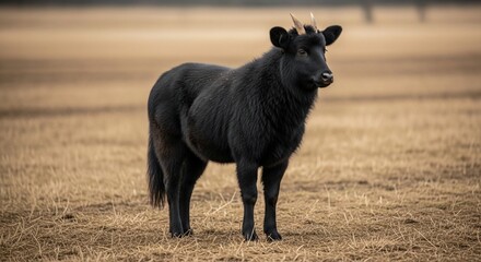 a small black goat standing in a field