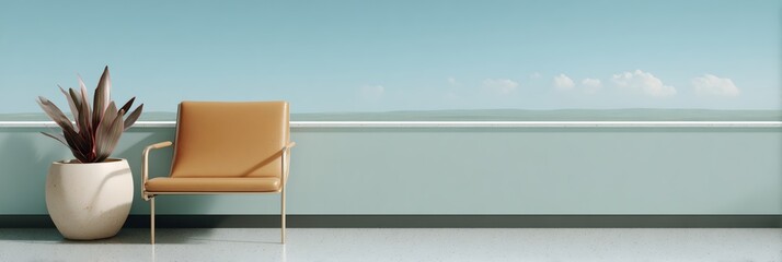 Tan chair is sitting on a balcony overlooking the ocean