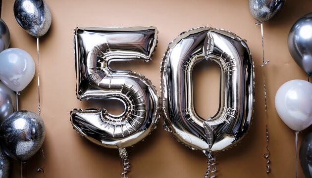 celebrating a milestone with shiny silver balloons displaying the number fifty for a special occasion