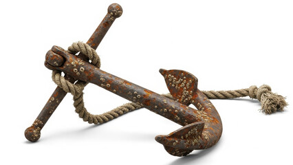 Rusty anchor with rope on white background isolated