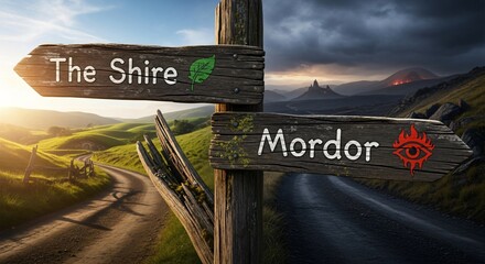two wooden signs pointing in opposite directions on a dirt road