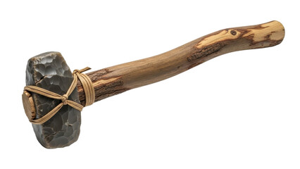 Ancient stone axe with wooden handle and leather strap isolated on transparent background